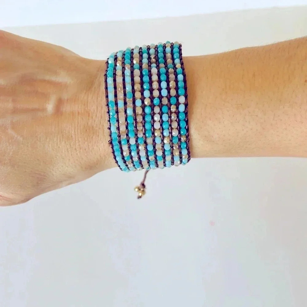 Marlyn Schiff Blue & Gold Multi-Row Beaded Cuff Bracelet NWOT